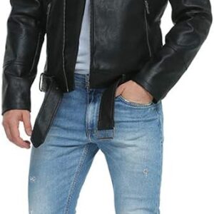 Black Leather Jacket for Men | Collared Zip-Up Classic Style | Crop Fit Racing Sports Bomber Jacket | Premium Leather Regular Fit Jacket for Casual & Biker Wear