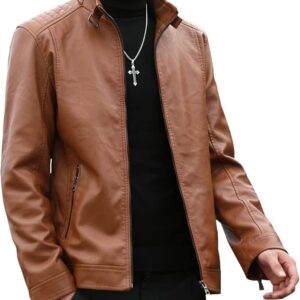 Men's Faux Leather Biker Jacket with Removable Hood, Quilted Shoulder